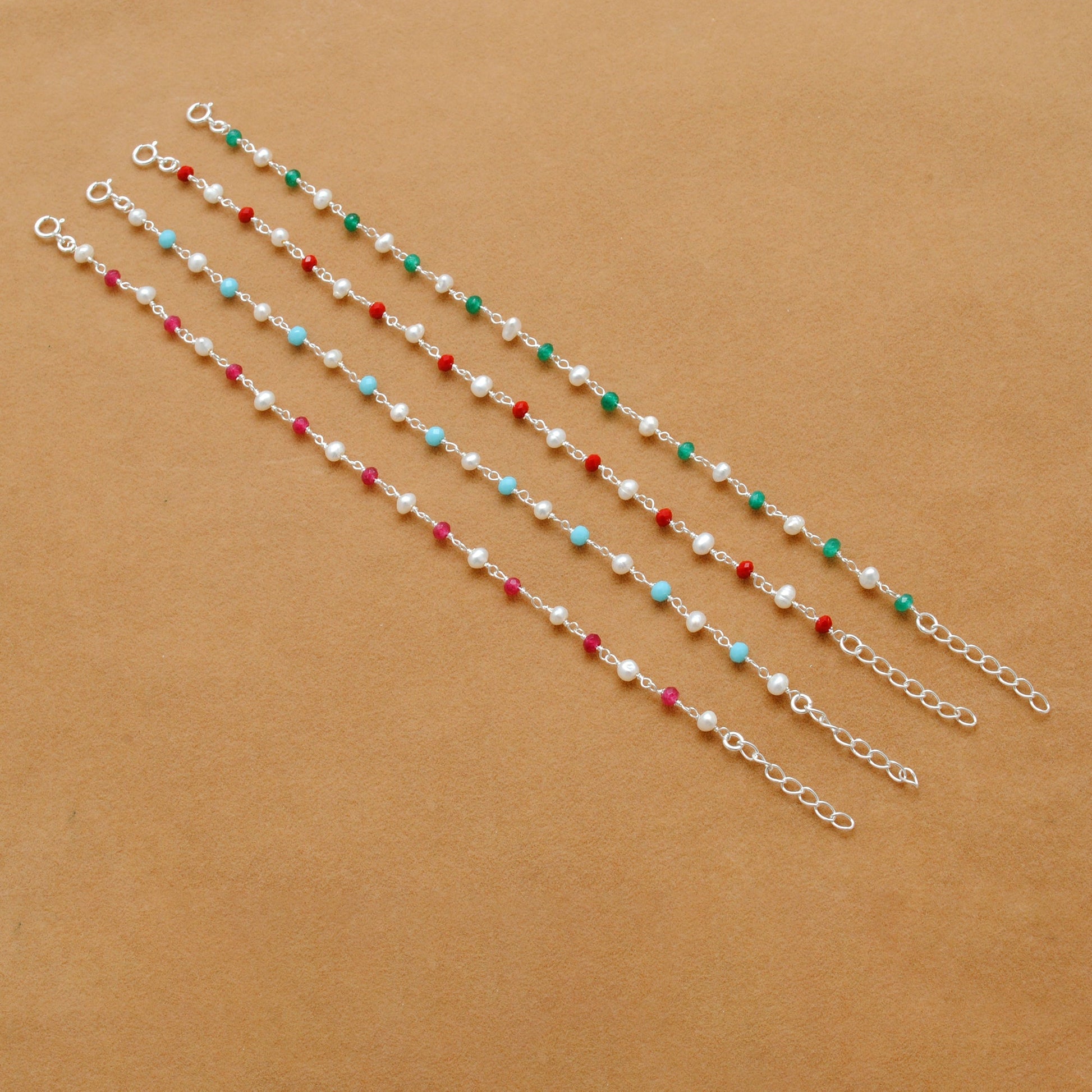 925 Sterling Silver Pearl with Multi-Gemstone Beaded Bracelet – Boho Jewelry - Kanika Creations