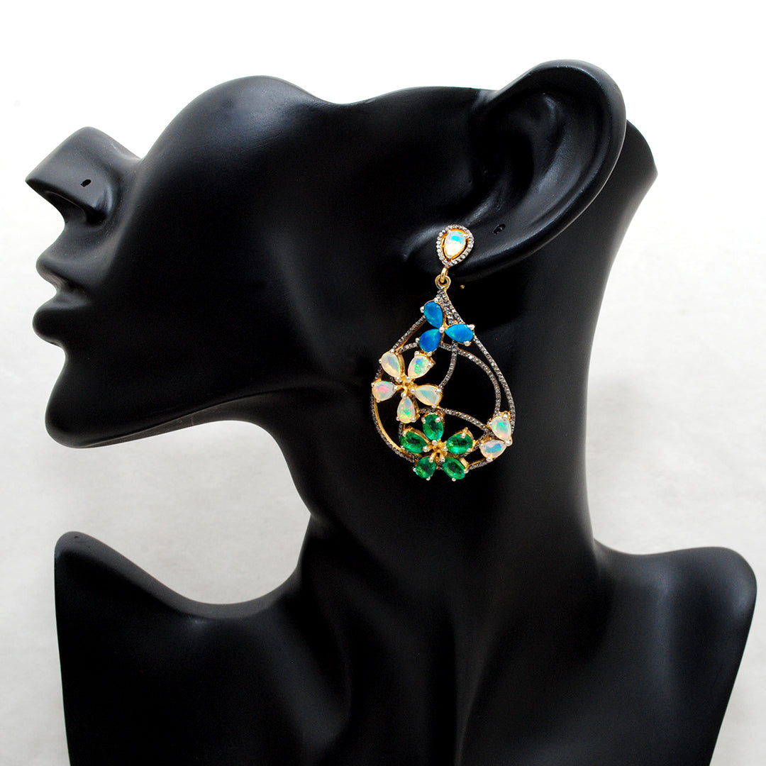 Gold plated sterling silver dangle Earrings with opal, emerald, and pavé diamonds – Kanika Creations