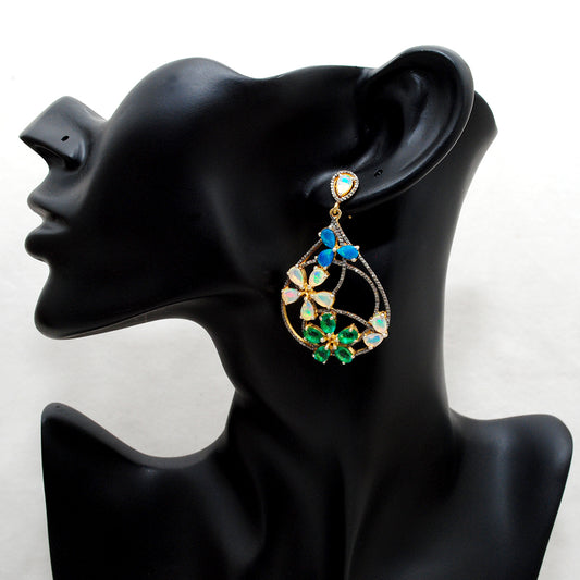 Gold plated sterling silver dangle Earrings with opal, emerald, and pavé diamonds – Kanika Creations