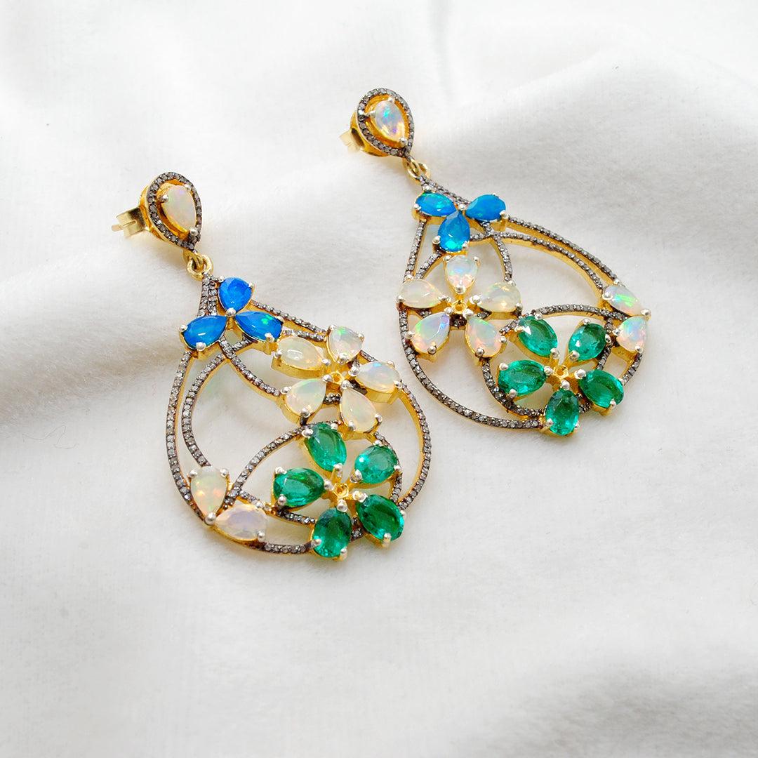 Gold plated sterling silver dangle Earrings with opal, emerald, and pavé diamonds – Kanika Creations