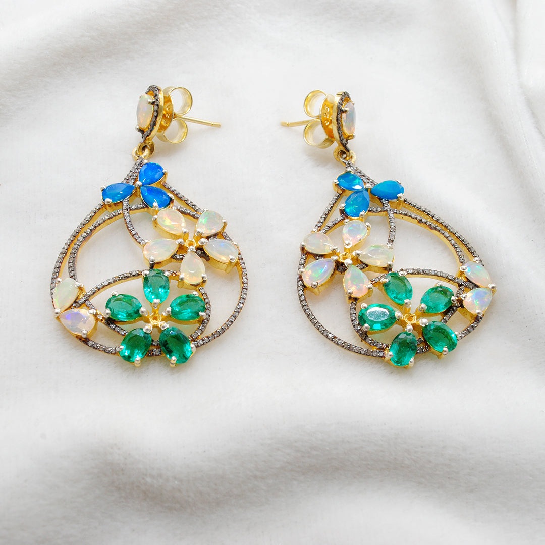 Gold plated sterling silver dangle Earrings with opal, emerald, and pavé diamonds – Kanika Creations