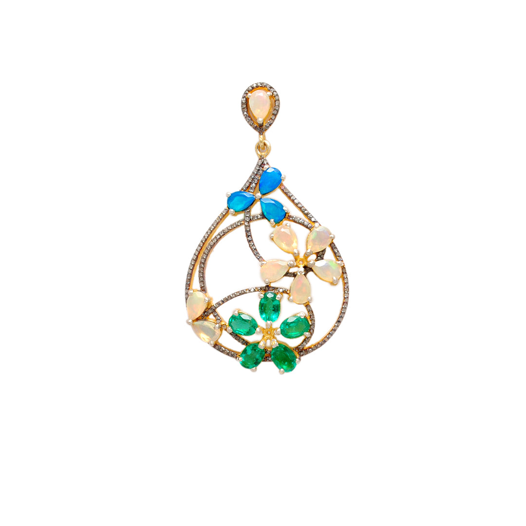 Gold plated sterling silver dangle Earrings with opal, emerald, and pavé diamonds – Kanika Creations