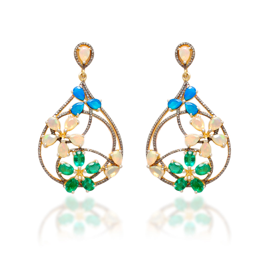 Gold plated sterling silver dangle Earrings with opal, emerald, and pavé diamonds – Kanika Creations