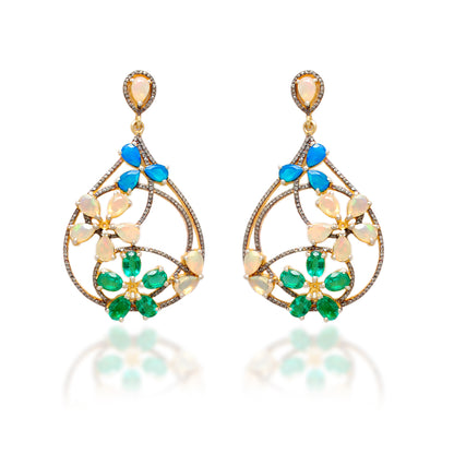 Gold plated sterling silver dangle Earrings with opal, emerald, and pavé diamonds – Kanika Creations