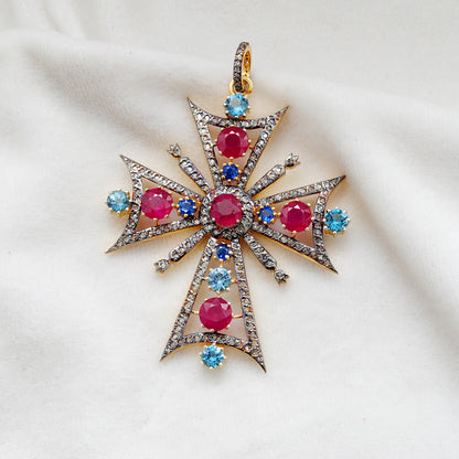 Ruby, Blue Topaz & Sapphire Pavé Diamond Pendant – Sterling Silver Gold Plated - Kanika Creations