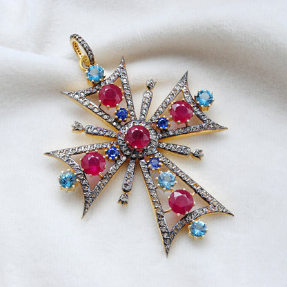 Ruby, Blue Topaz & Sapphire Pavé Diamond Pendant – Sterling Silver Gold Plated - Kanika Creations