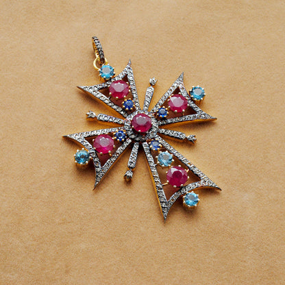 Ruby, Blue Topaz & Sapphire Pavé Diamond Pendant – Sterling Silver Gold Plated - Kanika Creations