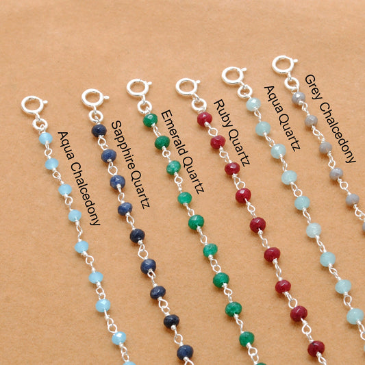 925 Sterling Silver Bracelet with Aqua, Emerald, Ruby & Sapphire Quartz and Chalcedony Stones - Kanika Creations