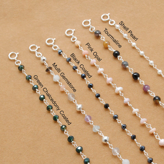 Sterling Silver Multi-Stone Bracelet with Tourmaline, Pink Opal, and Shell Pearl Gemstone - Kanika Creations