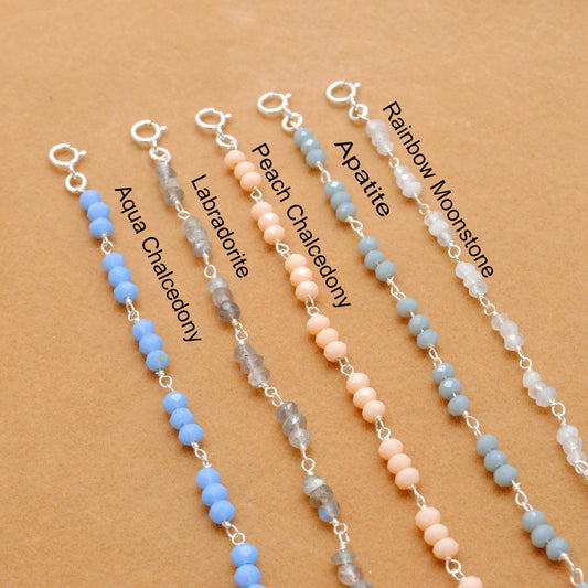 925 Sterling Silver Necklace with Moonstone, Labradorite & Chalcedony Gemstone - Kanika Creations