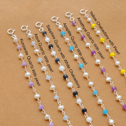 925 Silver Gemstone & Pearl Necklace – Yellow Chalcedony, Amethyst, Sapphire Quartz - Kanika Creations