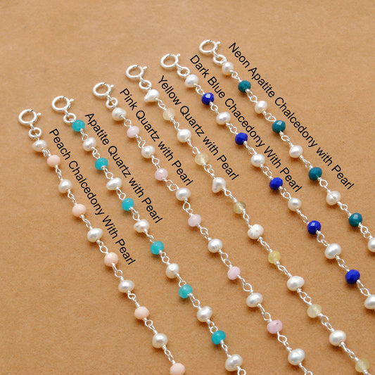 925 Silver Multi Chalcedony with Pearl Accent Beaded Chain Necklace