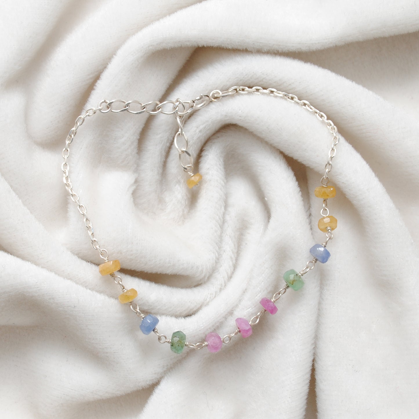 925 Sterling Silver Natural Multi Sapphire Beaded Bracelet