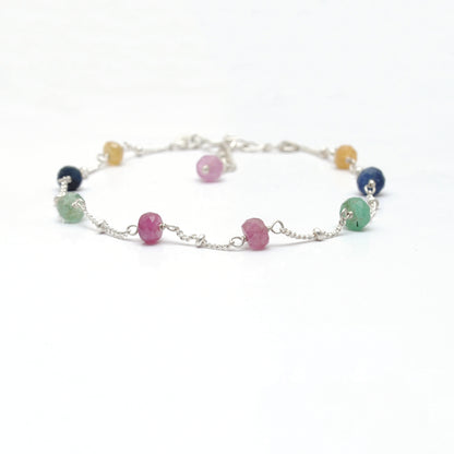 Multi Sapphire Faceted Beads Silver Bracelet