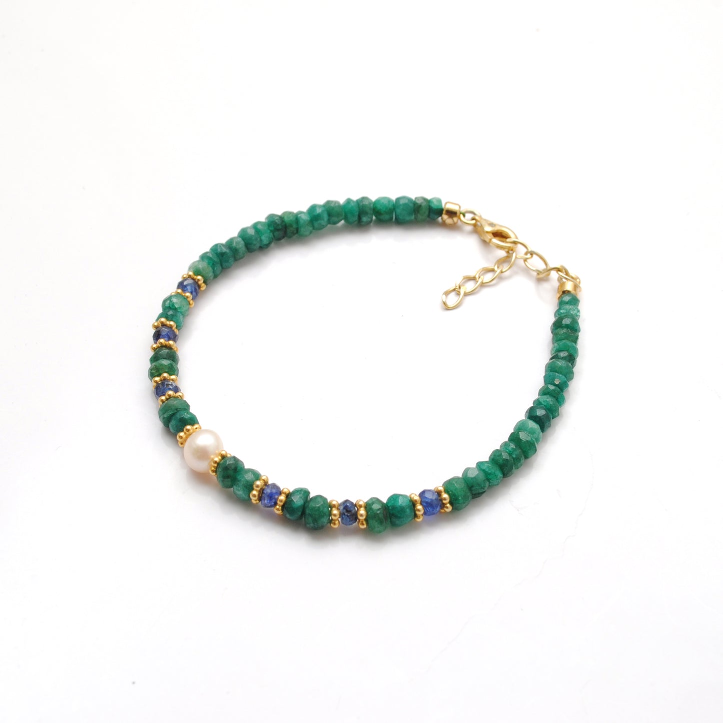 925 Sterling Silver Emerald & Sapphire Beaded Bracelet with Pearl
