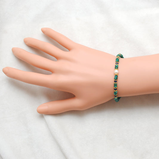 925 Sterling Silver Emerald & Sapphire Beaded Bracelet with Pearl