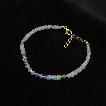 925 Silver Opal & Tanzanite Beaded Bracelet – Minimalist Gemstone Jewelry Gift