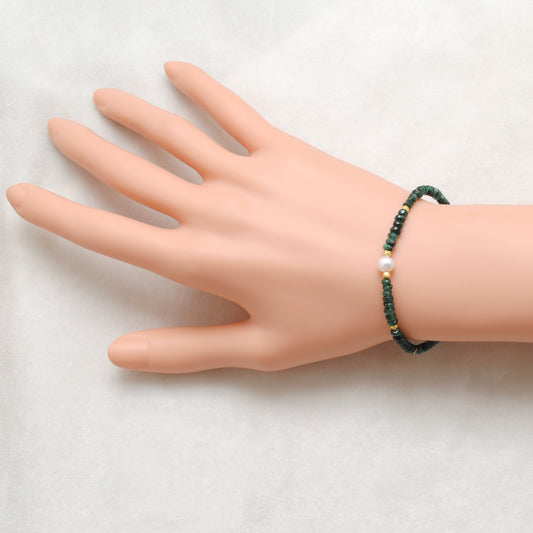 925 Sterling Silver Emerald & Pearl Beaded Bracelet