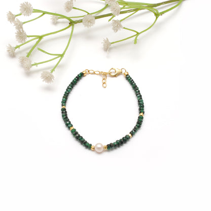 925 Sterling Silver Emerald & Pearl Beaded Bracelet