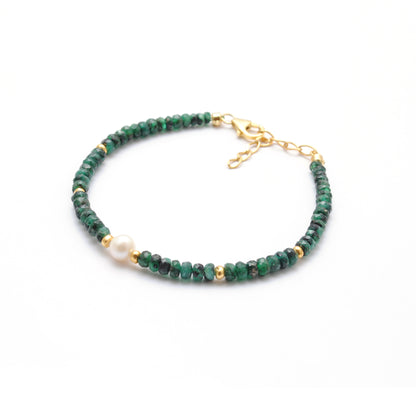 925 Sterling Silver Emerald & Pearl Beaded Bracelet Handmade Beaded Jewelry