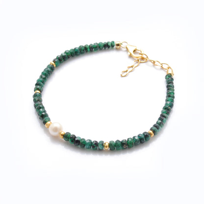 925 Sterling Silver Emerald & Pearl Beaded Bracelet Handmade Beaded Jewelry