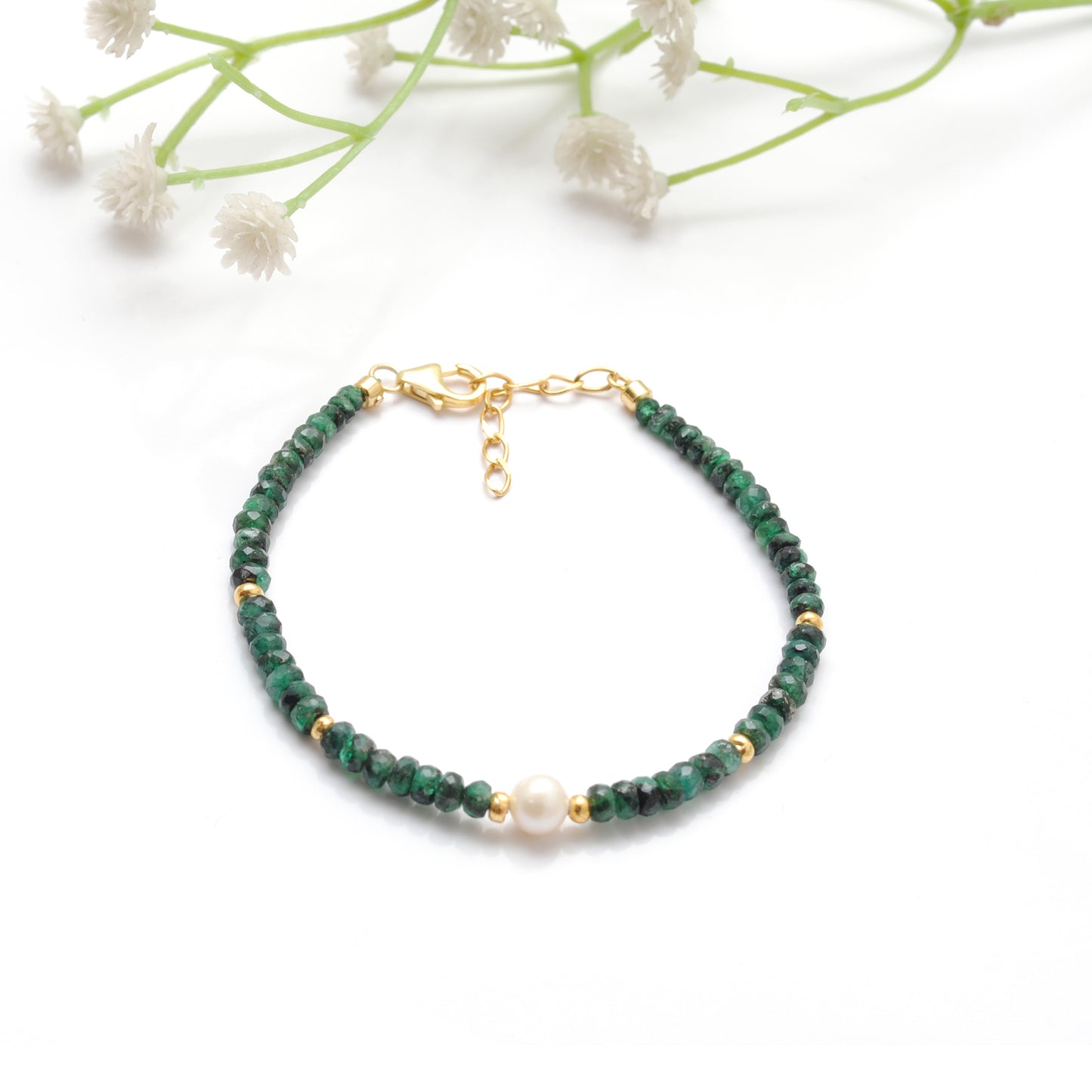 925 Sterling Silver Emerald & Pearl Beaded Bracelet Handmade Beaded Jewelry