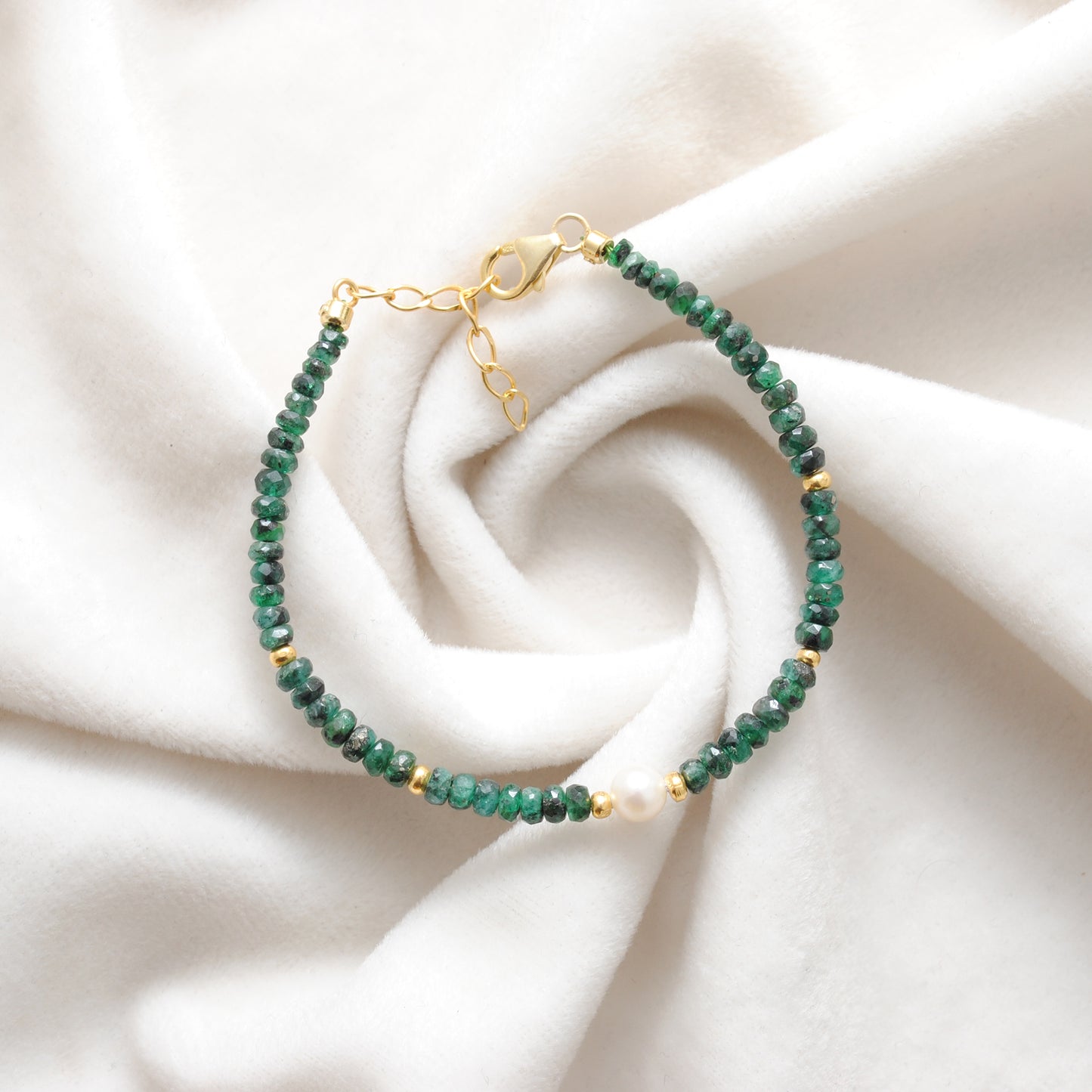925 Sterling Silver Emerald & Pearl Beaded Bracelet Handmade Beaded Jewelry