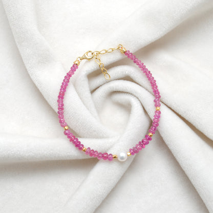 925 Sterling Silver Ruby & Pearl Bracelet, Beaded Gemstone Jewelry