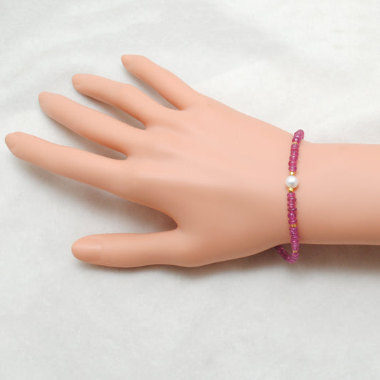 925 Sterling Silver Ruby & Pearl Bracelet, Beaded Gemstone Jewelry