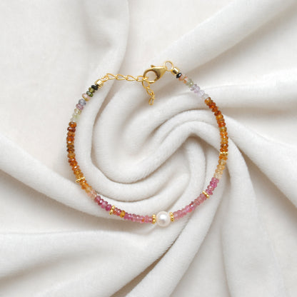 925 Sterling Silver Multi Tourmaline & Pearl Bracelet, Handmade Beaded Jewelry