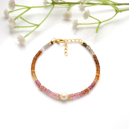925 Sterling Silver Multi Tourmaline & Pearl Bracelet, Handmade Beaded Jewelry