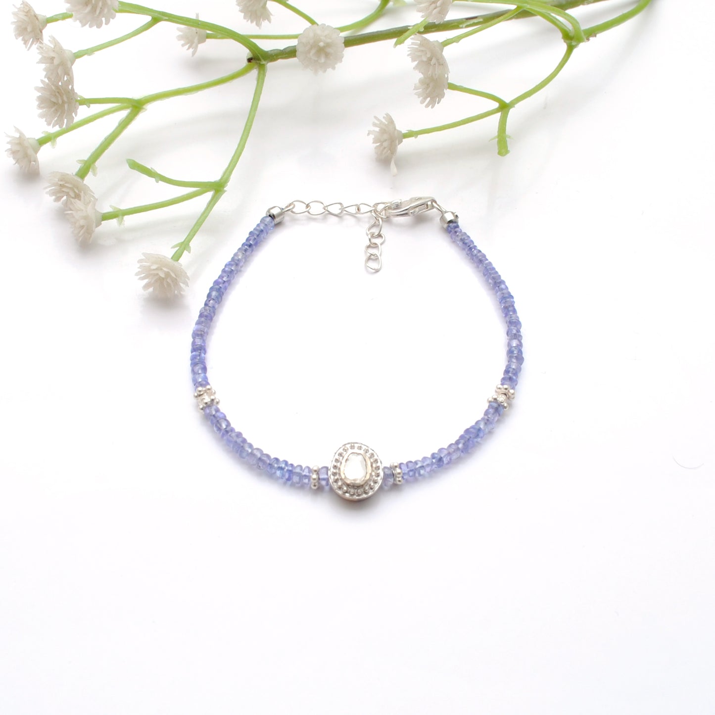 925 Sterling Silver Tanzanite & Diamond Beaded Bracelet