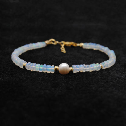 Ethiopian Opal & Pearl Beaded Bracelet, 925 Sterling Silver Jewelry. Gift for Her
