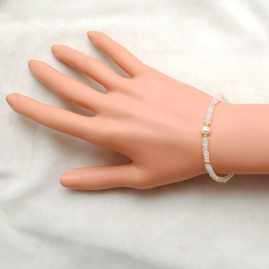 Ethiopian Opal & Pearl Beaded Bracelet, 925 Sterling Silver Jewelry. Gift for Her