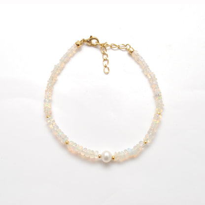 925 Sterling Silver Ethiopian Opal & Pearl Bracelet – 8 Inch Natural Gemstone Jewelry Gift