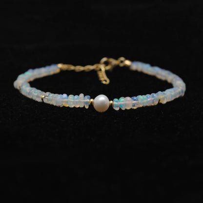 925 Sterling Silver Ethiopian Opal & Pearl Bracelet – 8 Inch Natural Gemstone Jewelry Gift