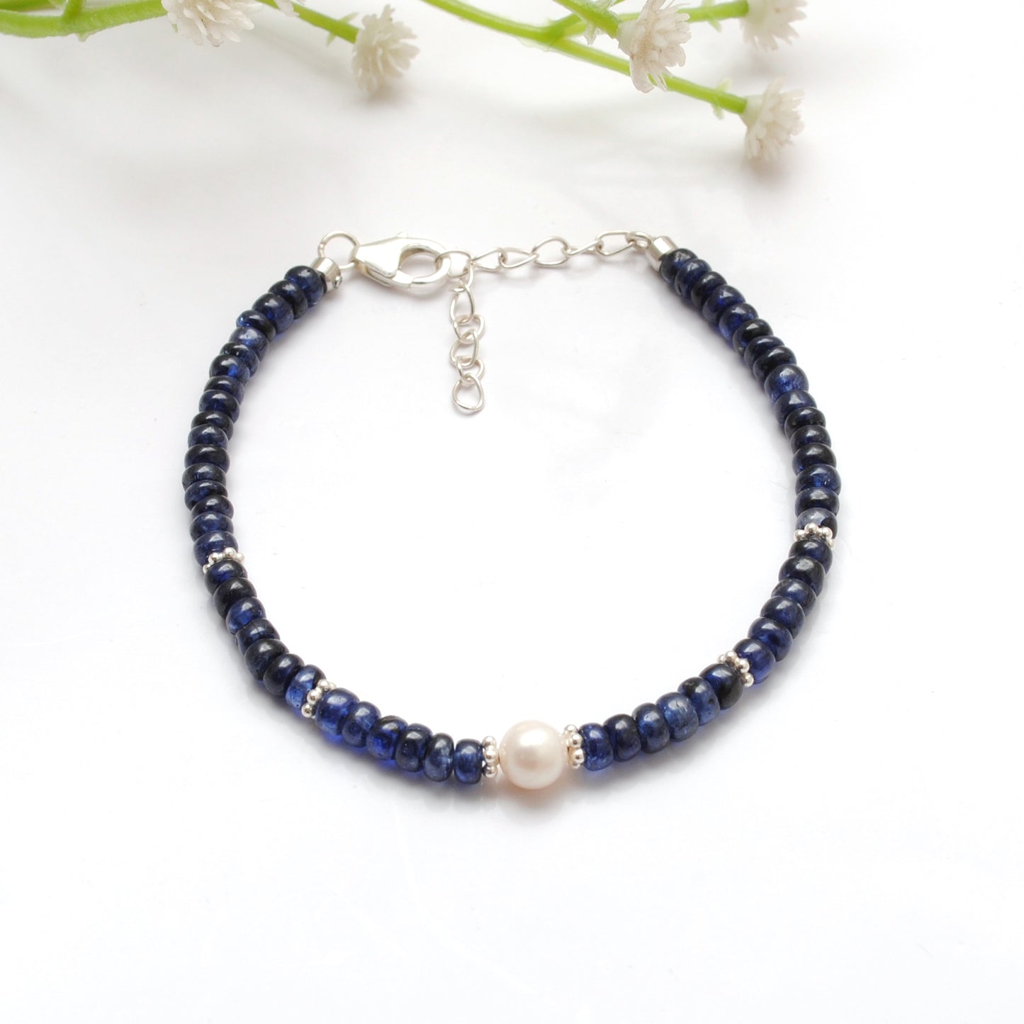 925 Sterling Silver Blue Sapphire & Pearl Bracelet – Minimalist Gift for Her