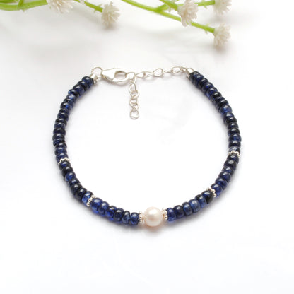 925 Sterling Silver Blue Sapphire & Pearl Bracelet – Minimalist Gift for Her