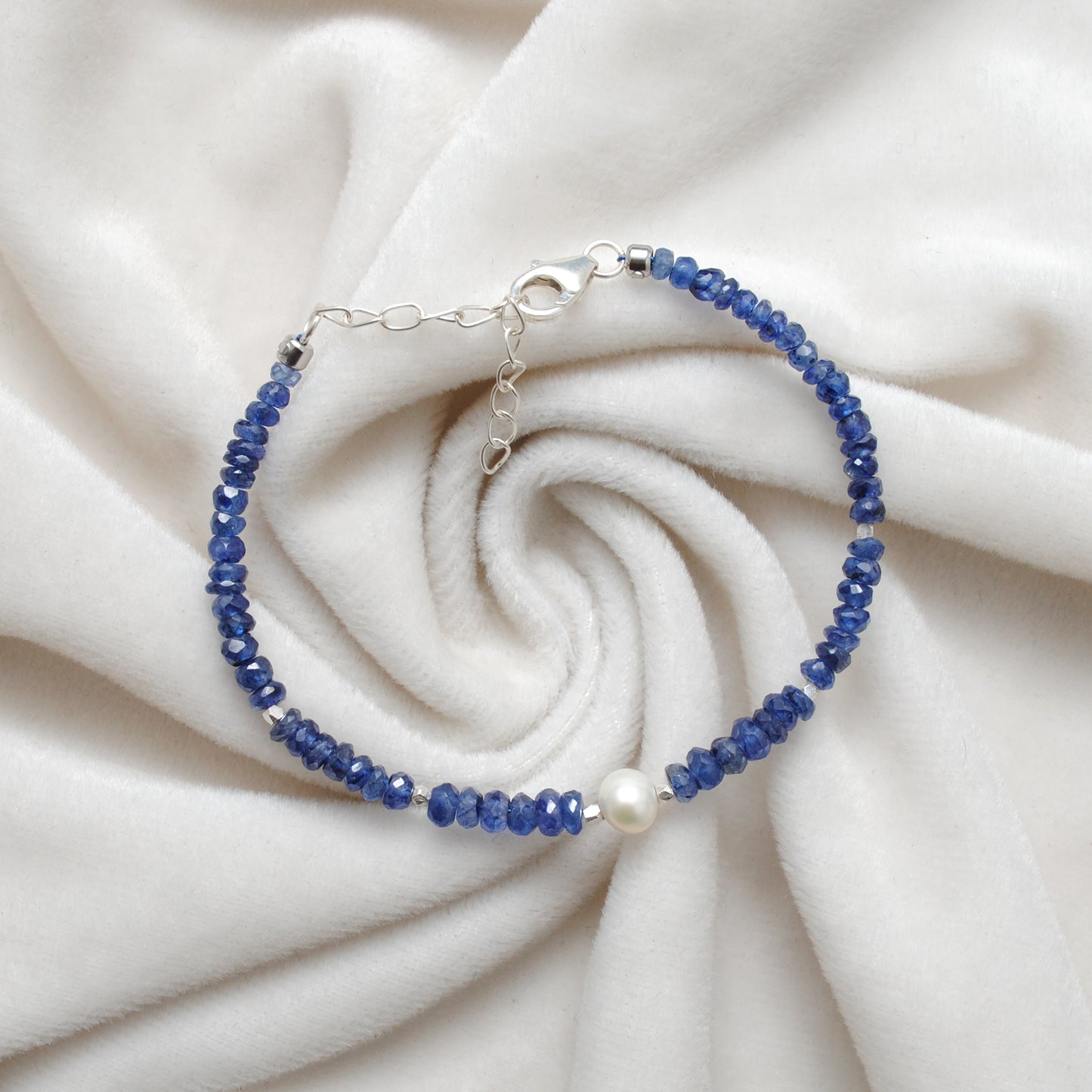 925 Sterling Silver Kyanite & Pearl Beaded Bracelet – Dainty Gift