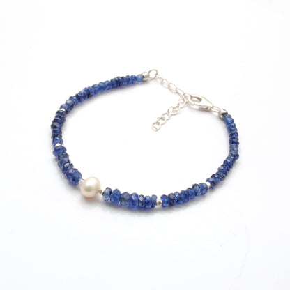 925 Sterling Silver Kyanite & Pearl Beaded Bracelet – Dainty Gift