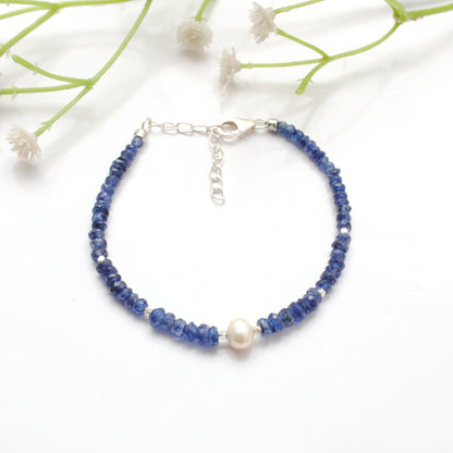 925 Sterling Silver Kyanite & Pearl Beaded Bracelet – Dainty Gift