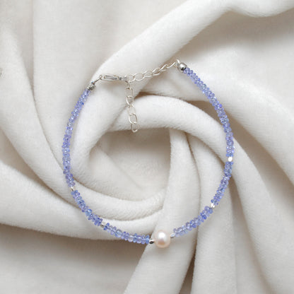 925 Sterling Silver Tanzanite & Pearl Bracelet – Elegant Blue & White Gemstone Jewelry Gift for Her