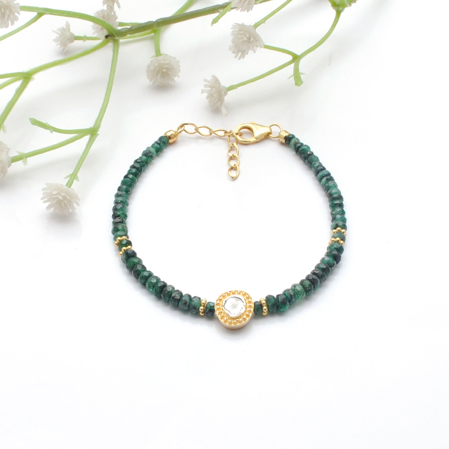 925 Sterling Silver Emerald & Diamond Beaded Bracelet – Elegant Gift for Her