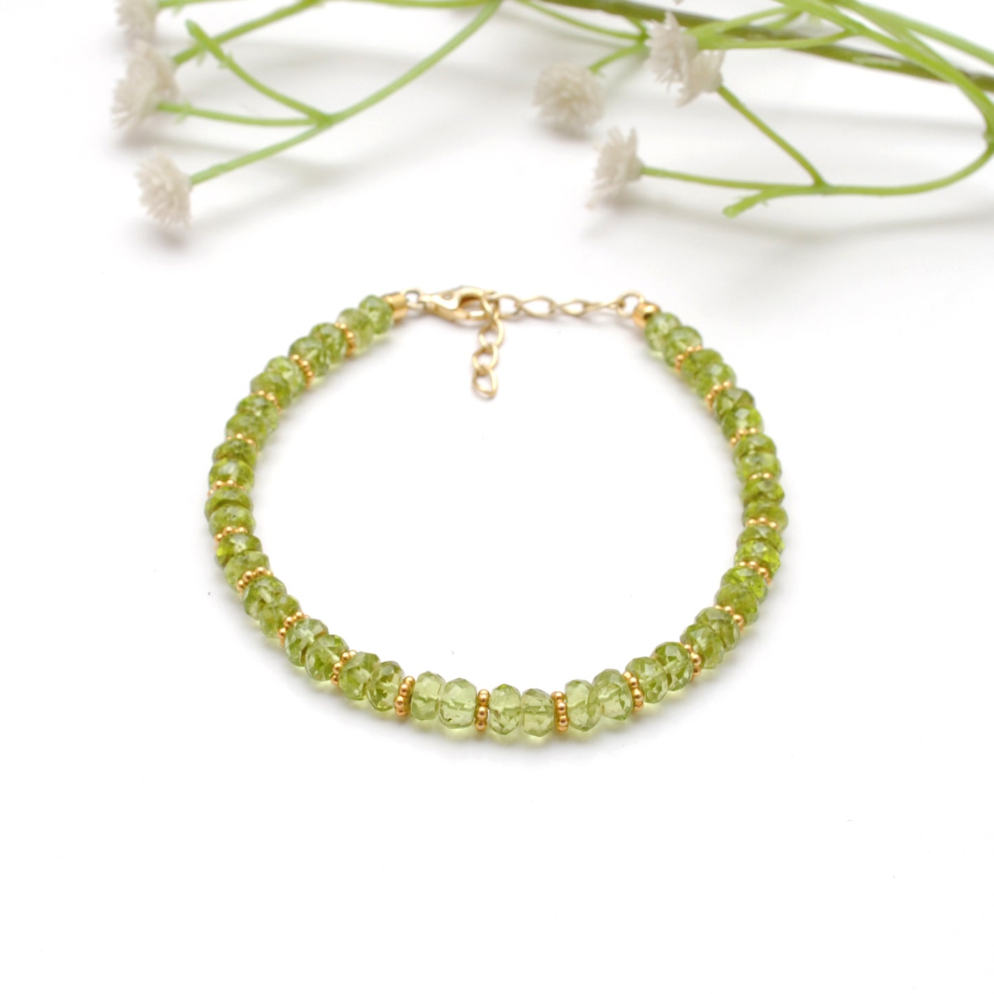 925 Sterling Silver Natural Peridot Beaded Bracelet – 8 Inch Gemstone Jewelry