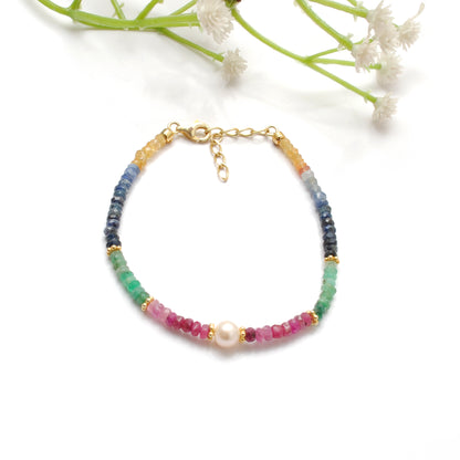 925 Sterling Silver Multi-Gemstone Beaded Bracelet. Ruby Emerald Sapphire