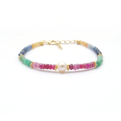 925 Sterling Silver Multi-Gemstone Beaded Bracelet. Ruby Emerald Sapphire