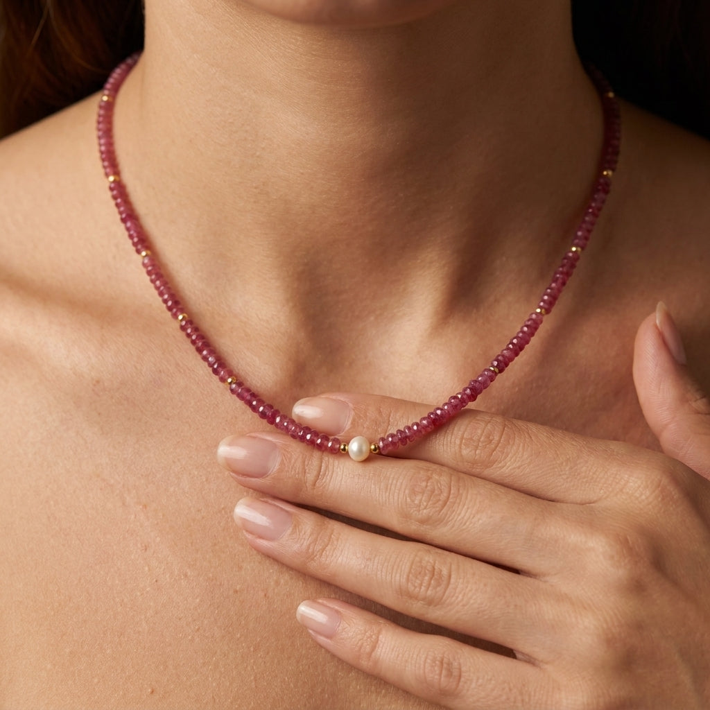 Natural Ruby & Freshwater Pearl Gold-Plated Beaded Necklace | Handmade Gemstone Strand Necklace for Women | July Birthstone Luxury Gift