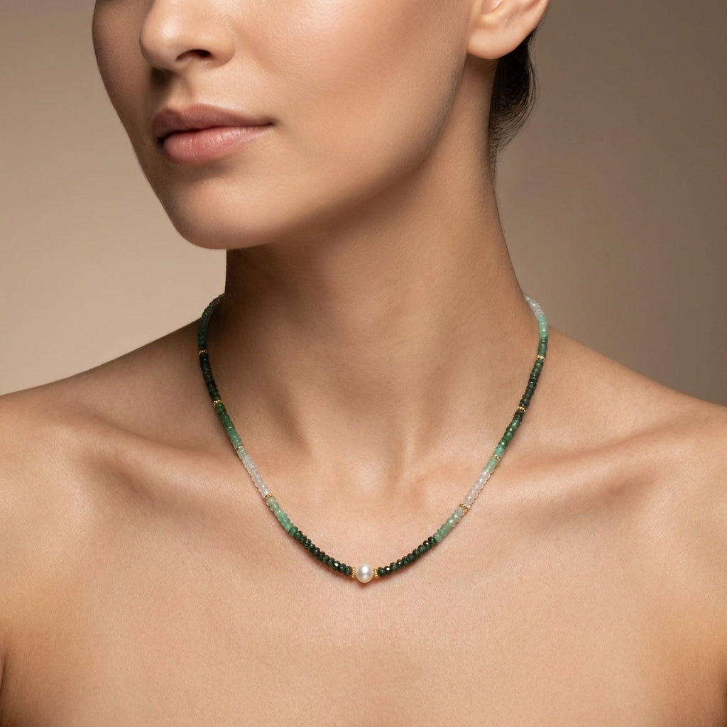 Natural Shaded Emerald Beaded Necklace | Handmade Gradient Green Gemstone Strand Necklace for Women | May Birthstone Gift