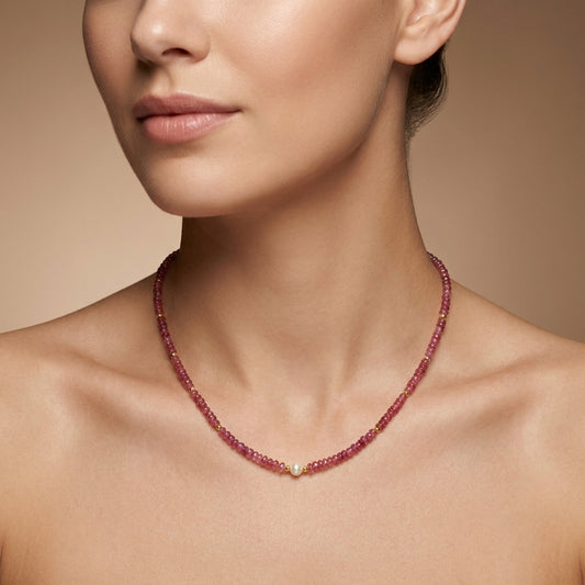 Natural Ruby & Freshwater Pearl Gold-Plated Beaded Necklace | Handmade Gemstone Strand Necklace for Women | July Birthstone Luxury Gift