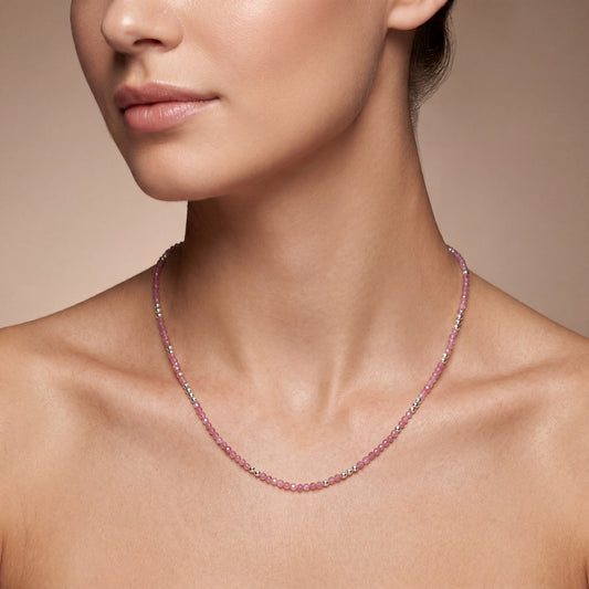 Natural Pink Tourmaline Minimalist Beaded Charm Necklace | Handmade Rose-Pink Gemstone Necklace for Women | October Birthstone Gift